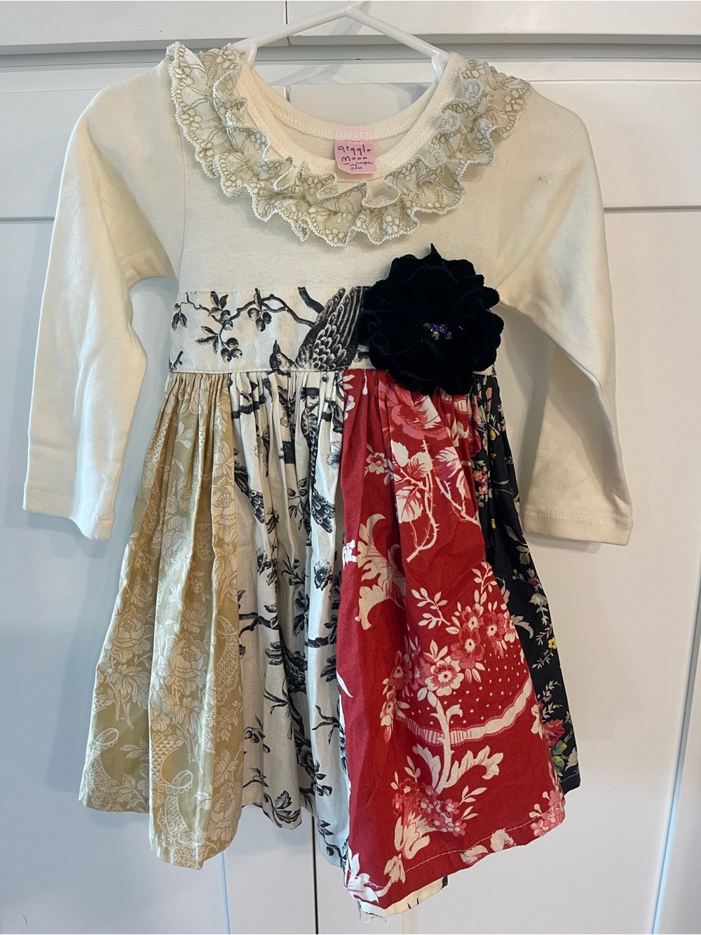 Giggle Moon Cream Long-Sleeve Patchwork Floral Dress with Black Velvet Flower